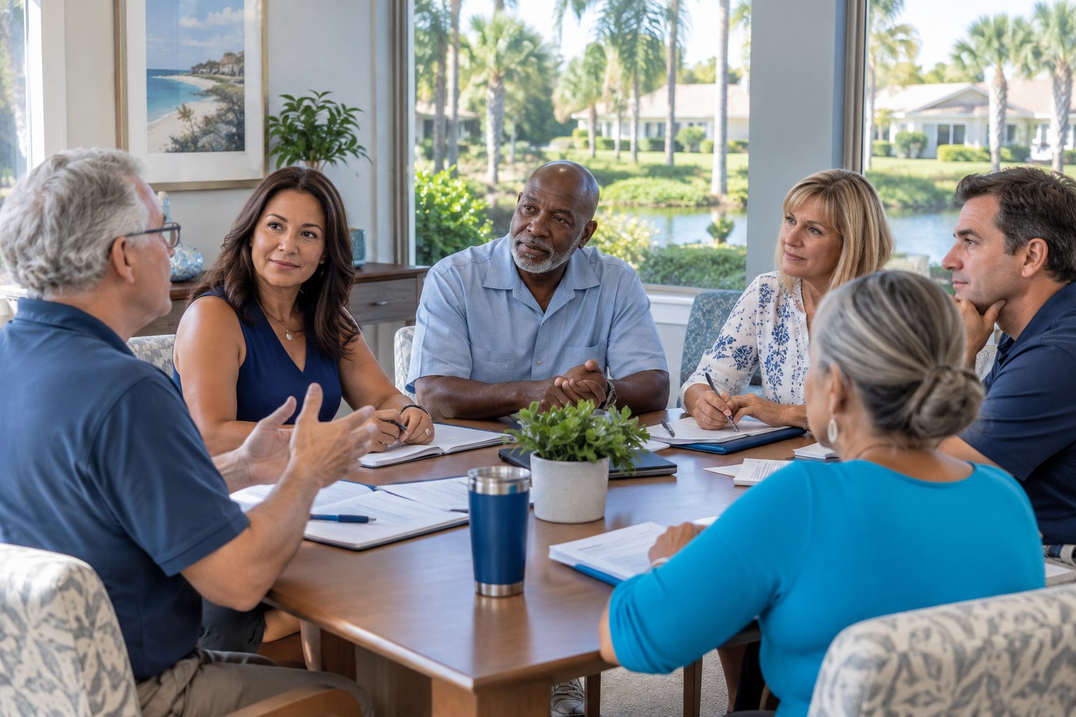 Homeowners and volunteer committee members listening around a meeting table